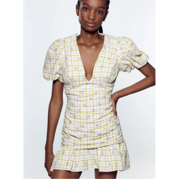 Zara Purple Floral Puff Sleeve Gingham Mini Dress - White/Purple - Small - Picture 1 of 14